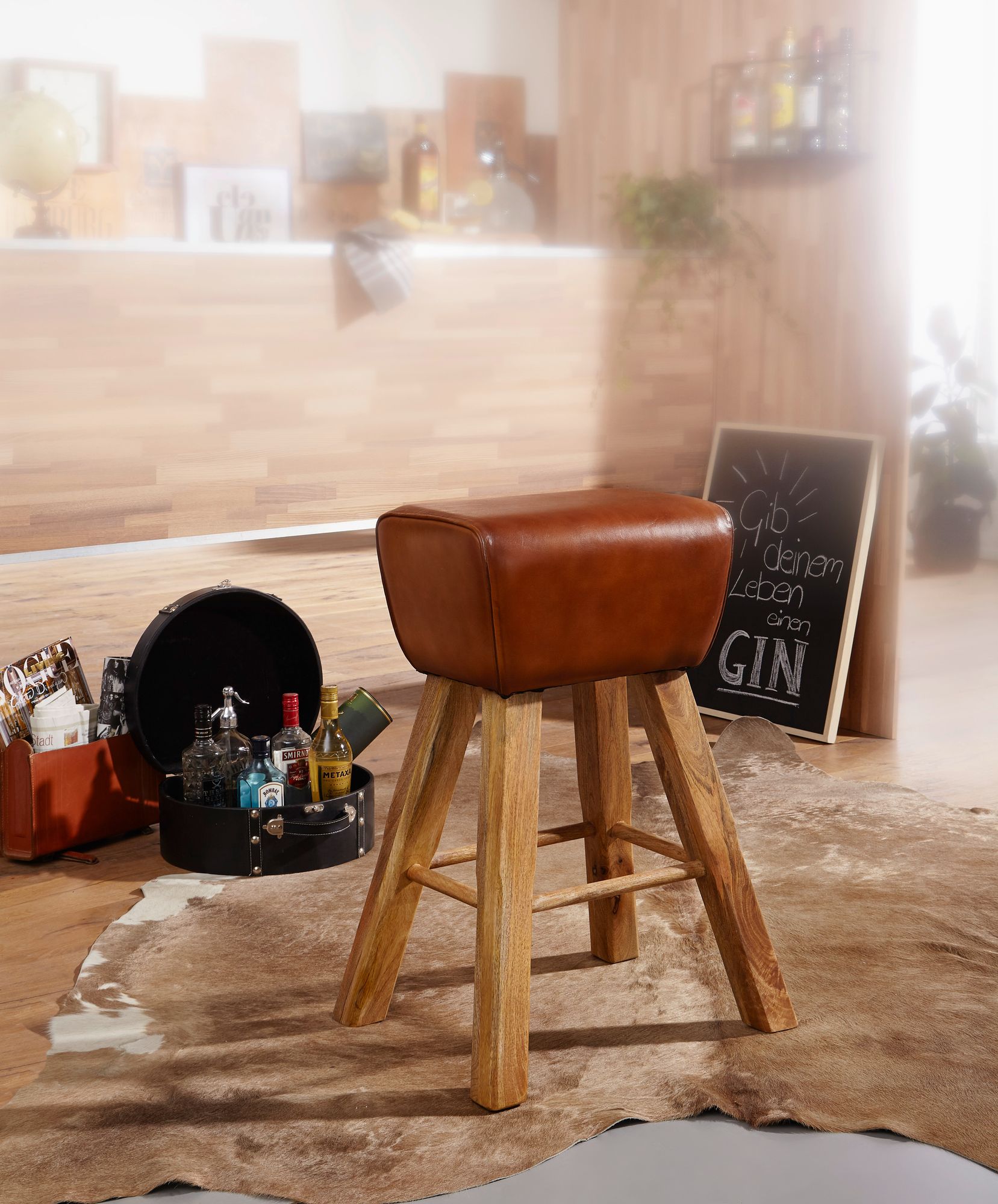 FineBuy Turnbock Barhocker 75 cm Massivholz Barstuhl Leder Tresenstuhl Hocker – Ansicht 2