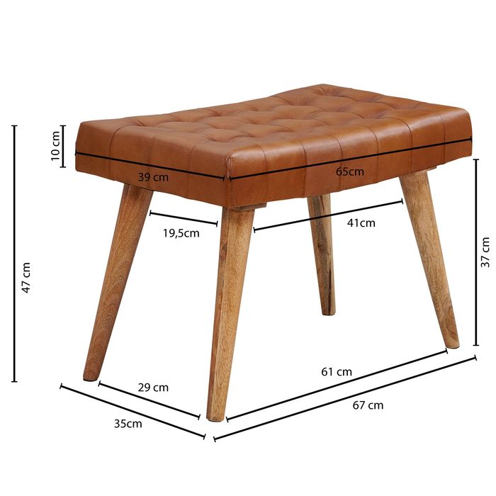 FineBuy Sitzhocker 67x47x39 cm Massivholz Lederhocker Fußhocker Leder Hocker – Maßzeichnung