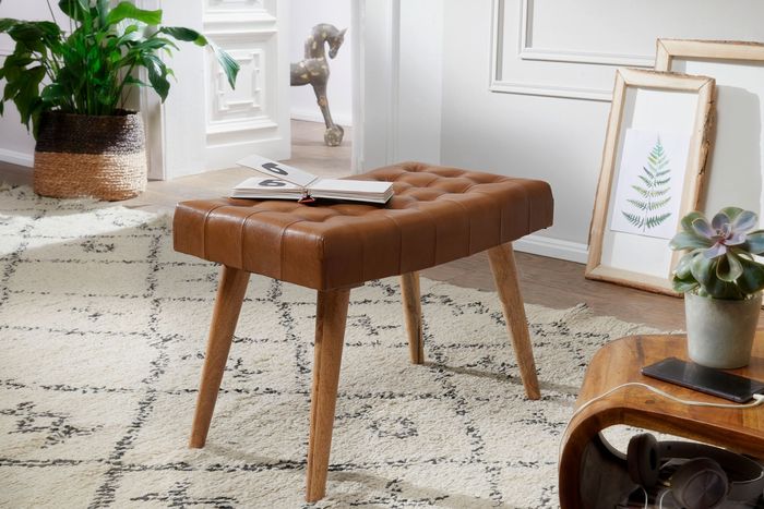 FineBuy Sitzhocker 67x47x39 cm Mango Massivholz / Echtleder Chesterfield-Design, Lederhocker Braun, Beistellhocker Hocker ohne Lehne, Country Fußhocker 4250950294295