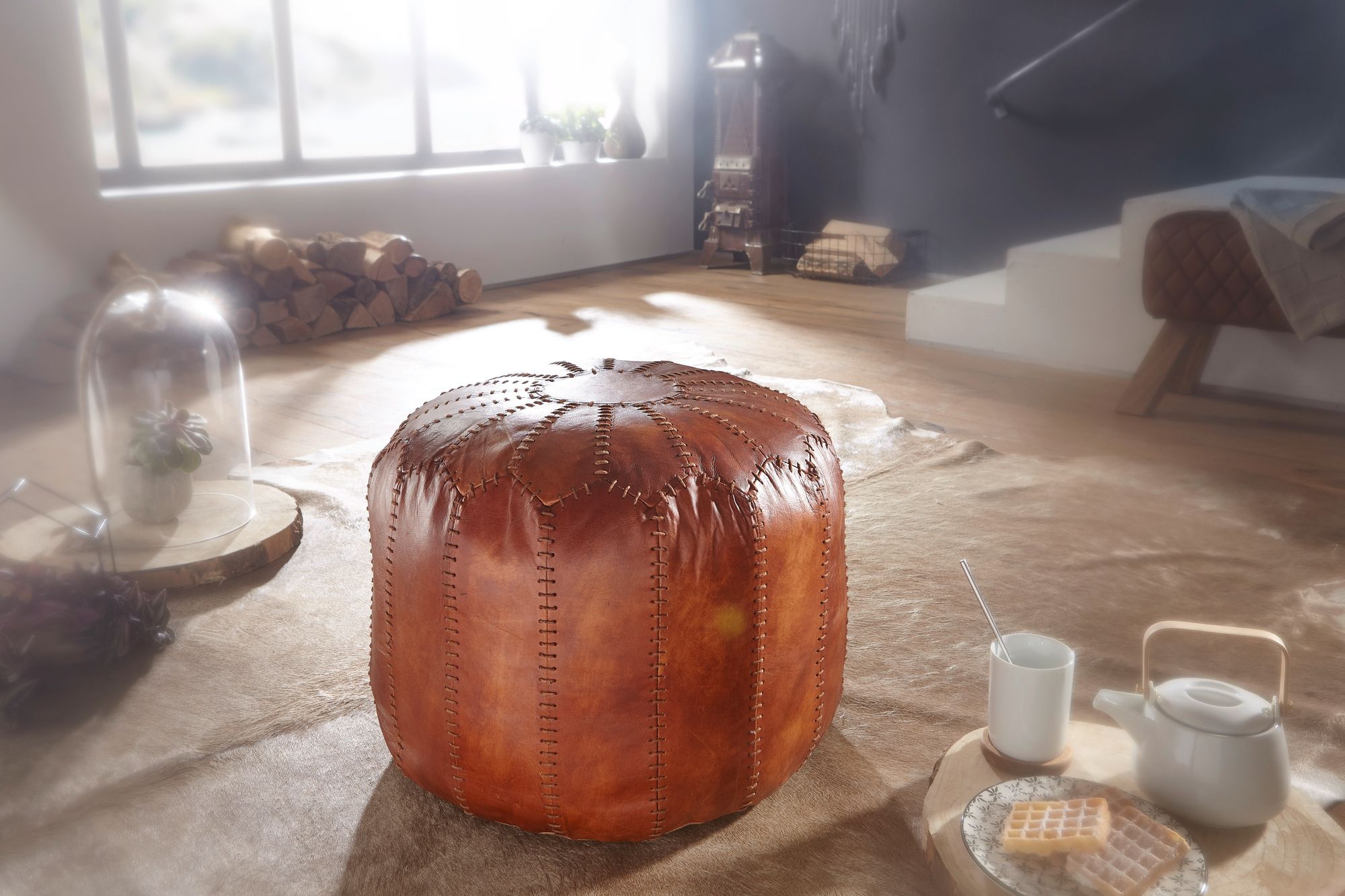 FineBuy Sitzhocker Echtleder 52x40x52cm Pouf Polsterhocker Rund Hocker Orient – Ansicht 2