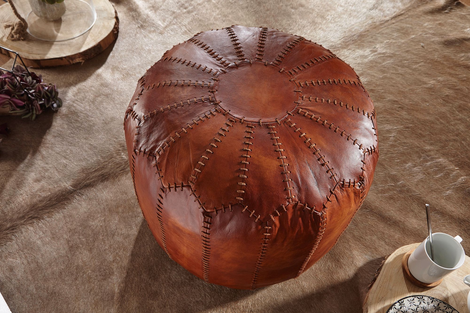 FineBuy Sitzhocker Echtleder 52x40x52cm Pouf Polsterhocker Rund Hocker Orient – Ansicht 4