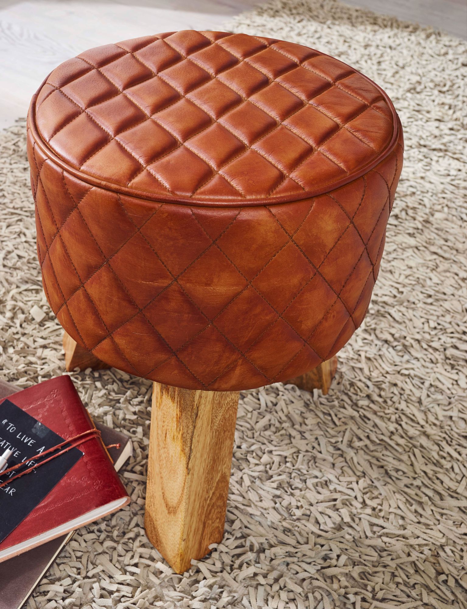 FineBuy Sitzhocker Echtleder 35x46x35 cm Fußhocker Rund Lederhocker Massivholz – Ansicht 4