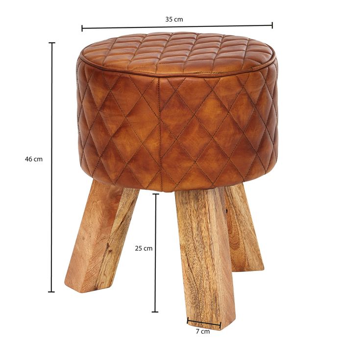FineBuy Sitzhocker Echtleder 35x46x35 cm Fußhocker Rund Lederhocker Massivholz – Maßzeichnung
