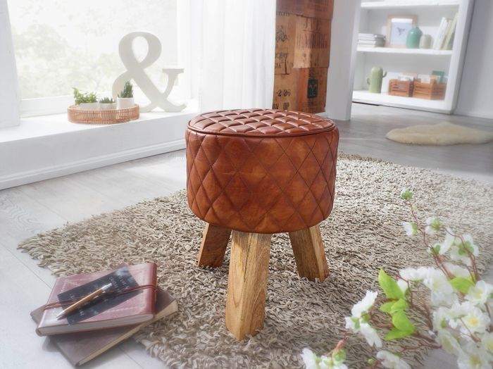 FineBuy Sitzhocker Echtleder / Massivholz 35x46x35 cm Modern Fußhocker Rund, Turnbock Lederhocker Braun, Kleiner Hocker Gepolstert, Holzhocker mit Leder-Bezug 4250950294530