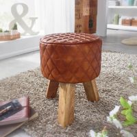 FineBuy Sitzhocker Echtleder 35x46x35 cm Fußhocker Rund Lederhocker Massivholz – Ansicht 1