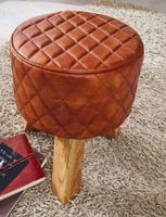 FineBuy Sitzhocker Echtleder 35x46x35 cm Fußhocker Rund Lederhocker Massivholz – Ansicht 4