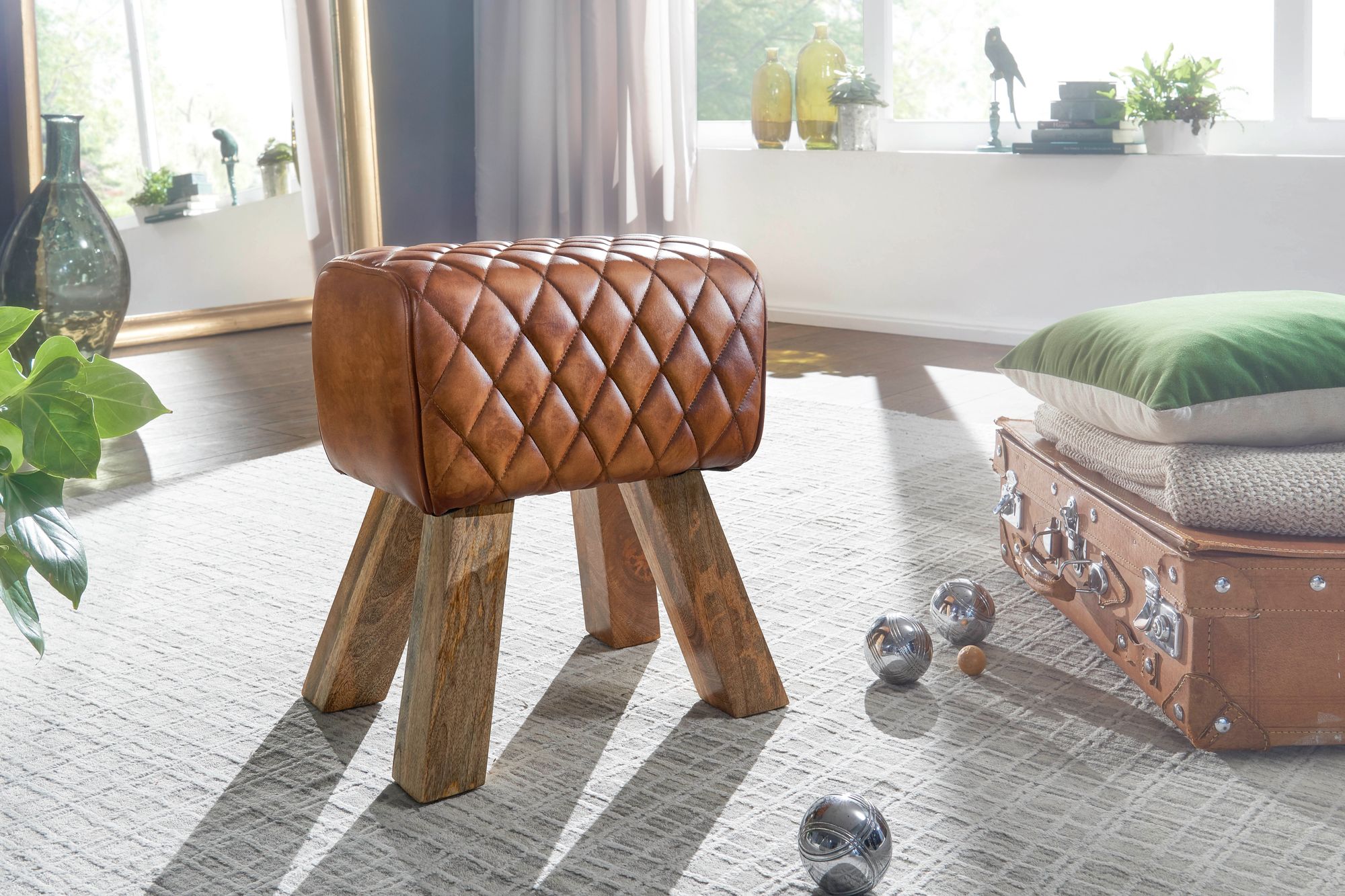 FineBuy Sitzhocker Echtleder 40x48x27 cm Fußhocker Lederhocker Massivholz Braun – Ansicht 2