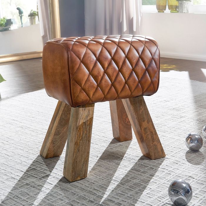 FineBuy Sitzhocker Echtleder / Massivholz 40x48x27 cm Modern Fußhocker, Turnbock Lederhocker Braun, Kleiner Hocker Gepolstert, Holzhocker mit Leder-Bezug 4250950294547