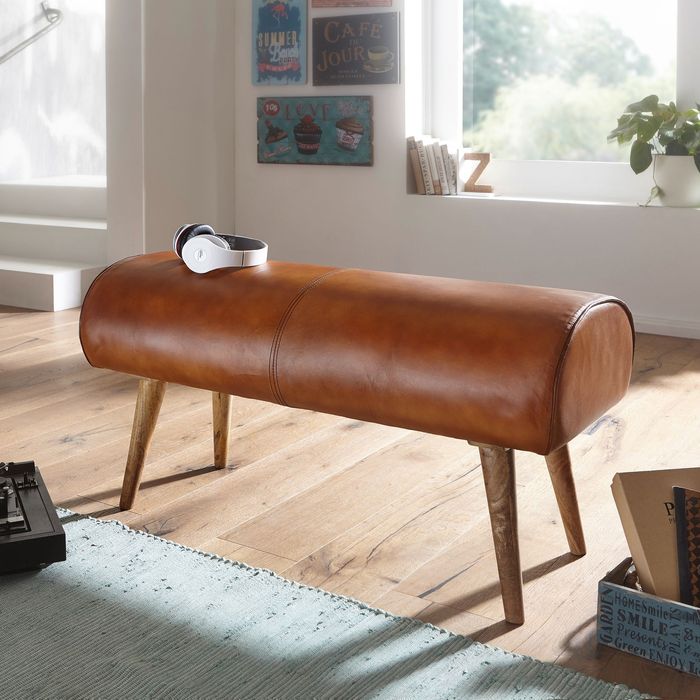 FineBuy Sitzbank Echtleder / Massivholz Bank 100x53x40 cm, 2er Polsterbank Flur Springbock Braun, Kleine Bettbank Leder, Dielenmöbel Flurbank 4250950294554