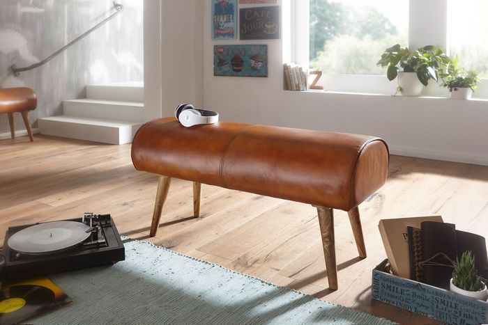 FineBuy Sitzbank Echtleder / Massivholz Bank 100x53x40 cm, 2er Polsterbank Flur Springbock Braun, Kleine Bettbank Leder, Dielenmöbel Flurbank 4250950294554