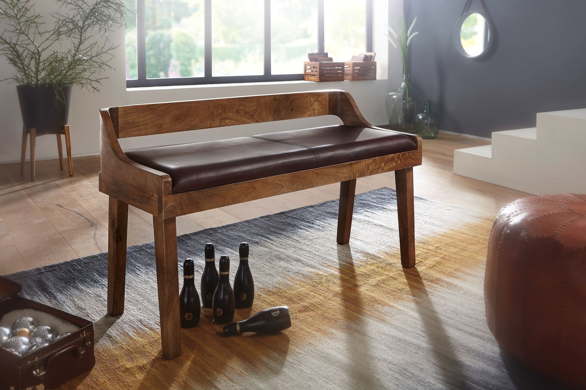 Gepolsterte Sitzbank mit Lehne 108cm Massivholz Echtleder Bank Garderobenbank – Ansicht 2
