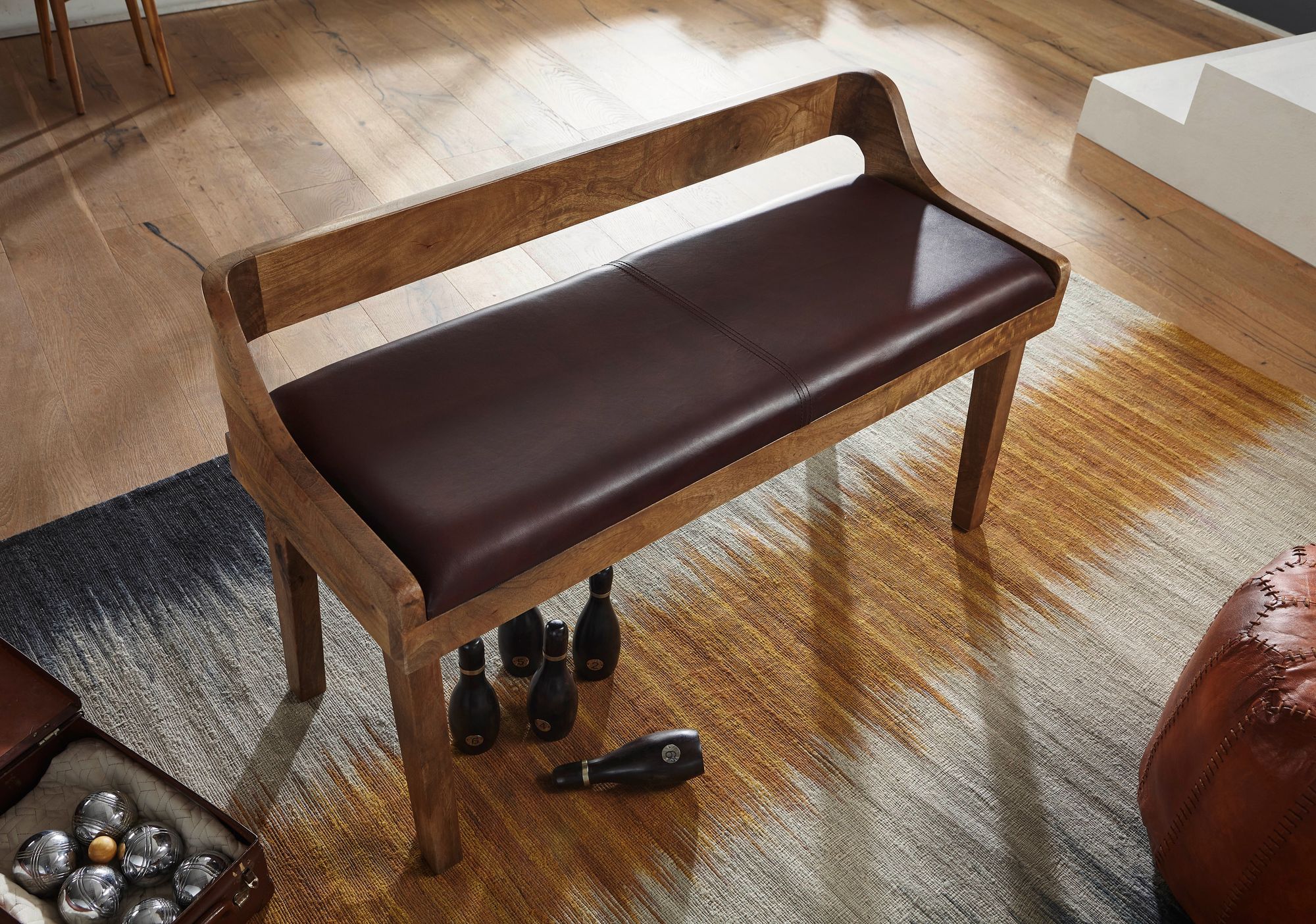Gepolsterte Sitzbank mit Lehne 108cm Massivholz Echtleder Bank Garderobenbank – Ansicht 4