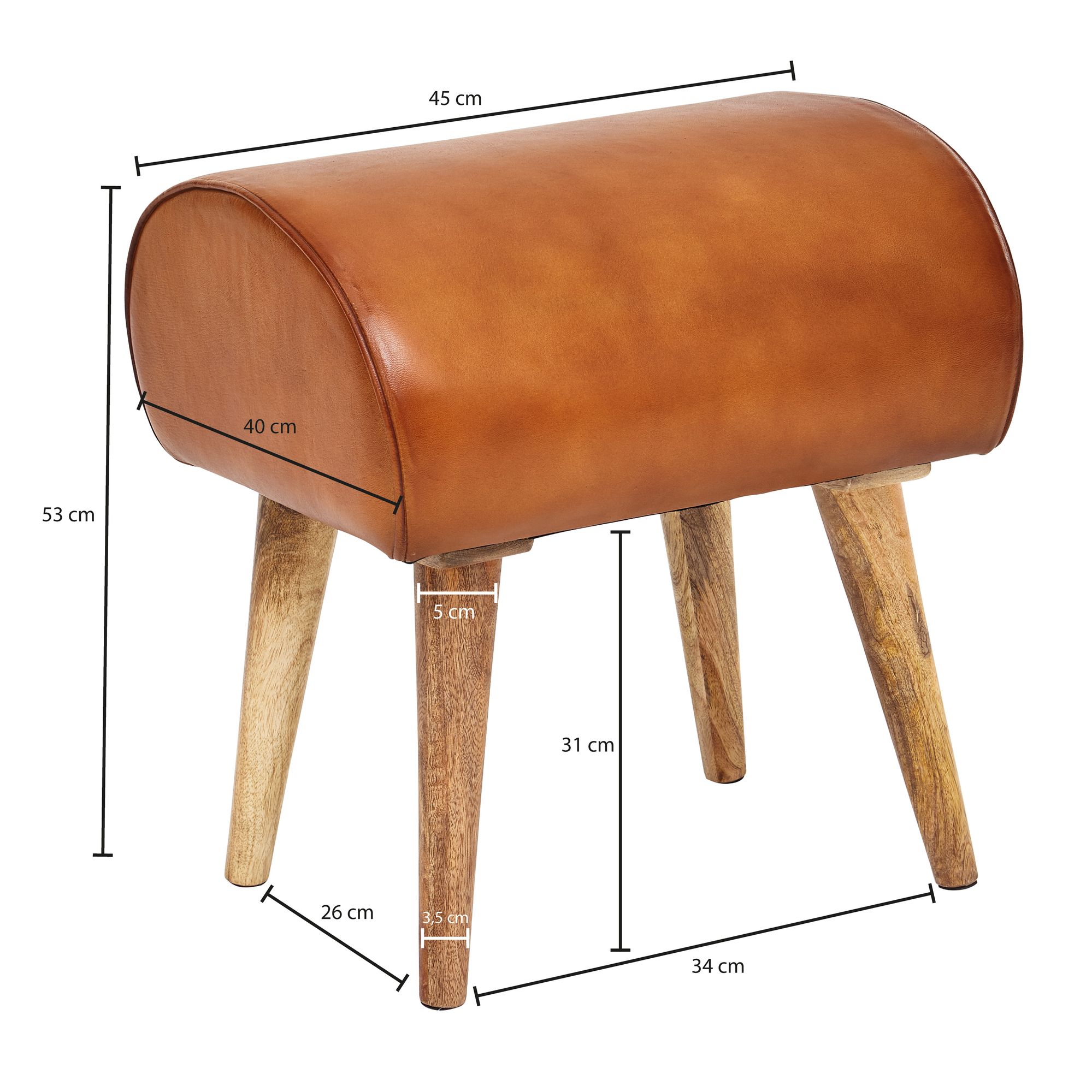 FineBuy Sitzhocker 45x53x40 cm Braun Echtleder Holzhocker Massiv Lederhocker – Ansicht 3