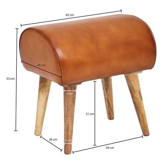 FineBuy Sitzhocker 45x53x40 cm Braun Echtleder Holzhocker Massiv Lederhocker – Maßzeichnung