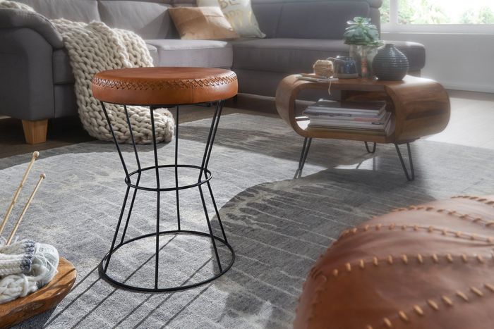 FineBuy Sitzhocker Echtleder / Metall 35 x 48 x 35 cm Design Hocker Rund, Dekohocker mit Leder-Bezug, Moderner Lederhocker Braun Gepolstert 4250950294585