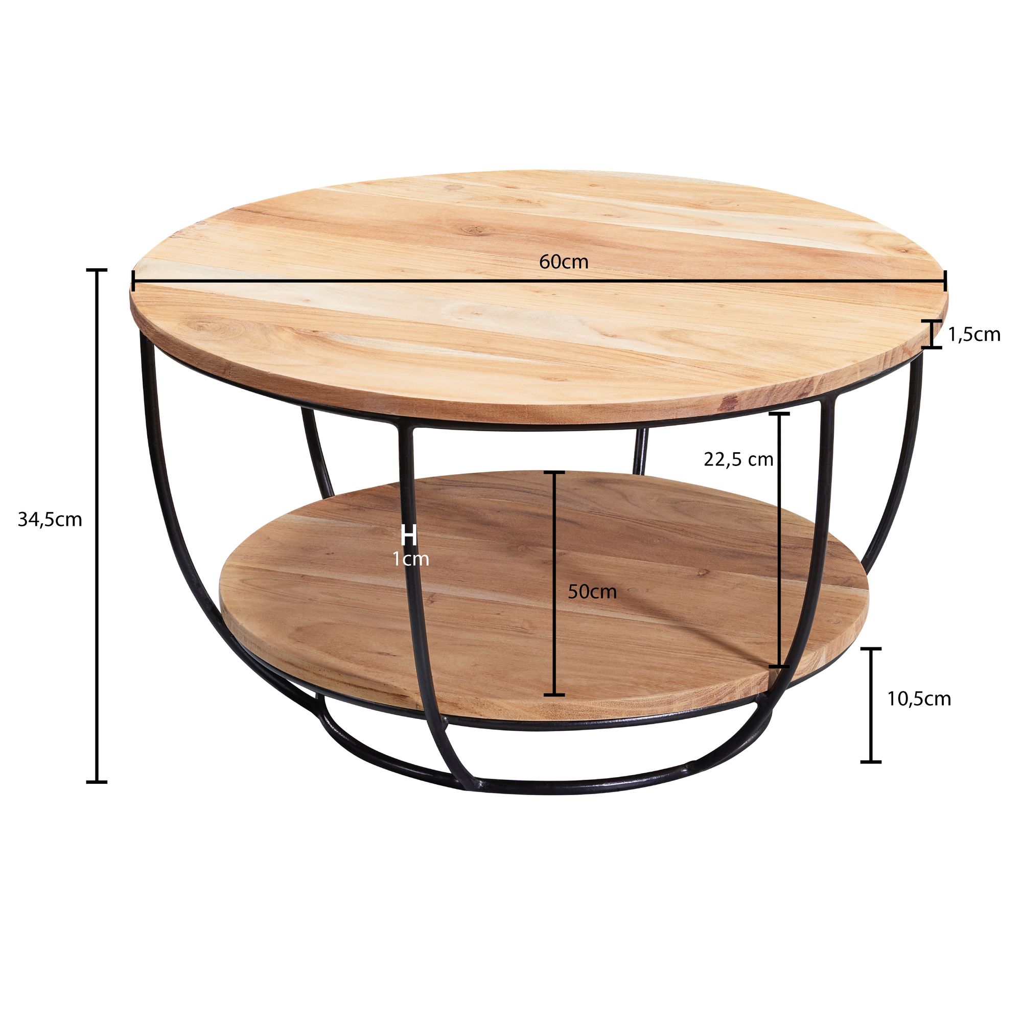 FineBuy Couchtisch Akazie Massivholz rund 60cm Wohnzimmertisch Ablage Industrial – Ansicht 3