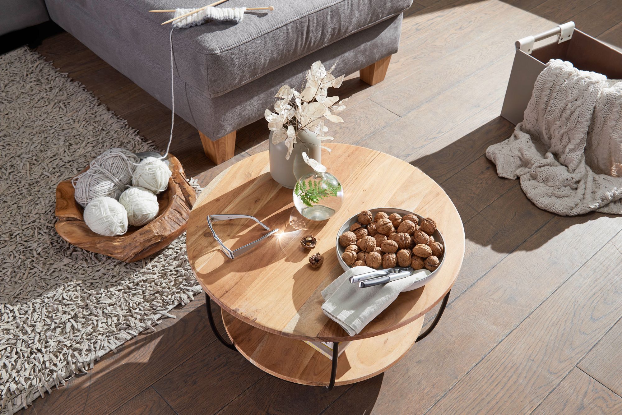 FineBuy Couchtisch Akazie Massivholz rund 60cm Wohnzimmertisch Ablage Industrial – Ansicht 4