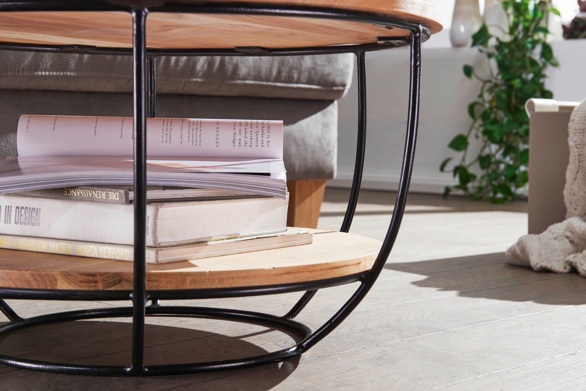 FineBuy Couchtisch Akazie Massivholz rund 60cm Wohnzimmertisch Ablage Industrial – Ansicht 5