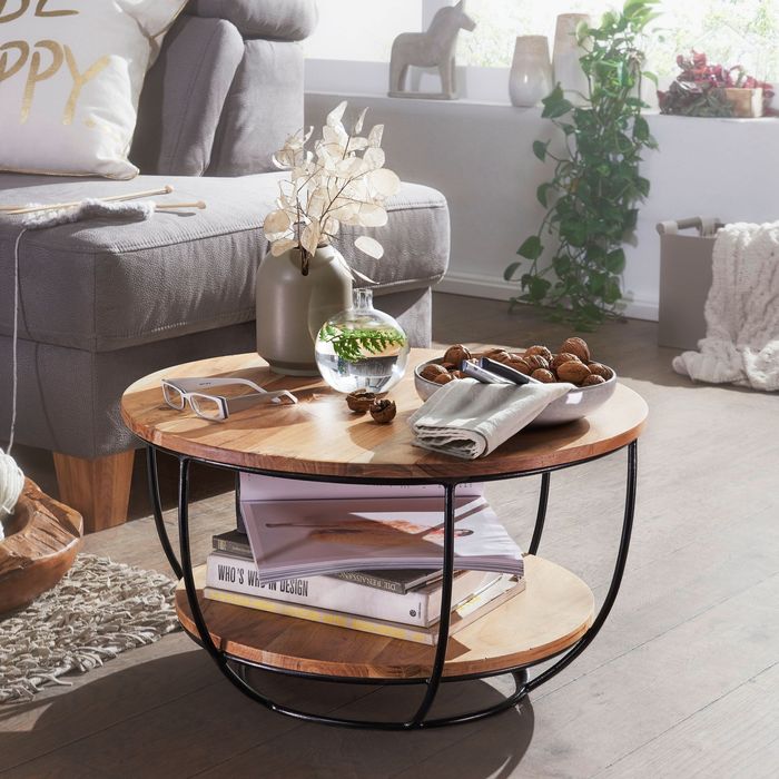 FineBuy Couchtisch 60x34,5x60 cm Akazie Massivholz / Metall Sofatisch, Design Wohnzimmertisch Rund, Stubentisch Industrial Braun, Tisch mit Ablage 4250950294608