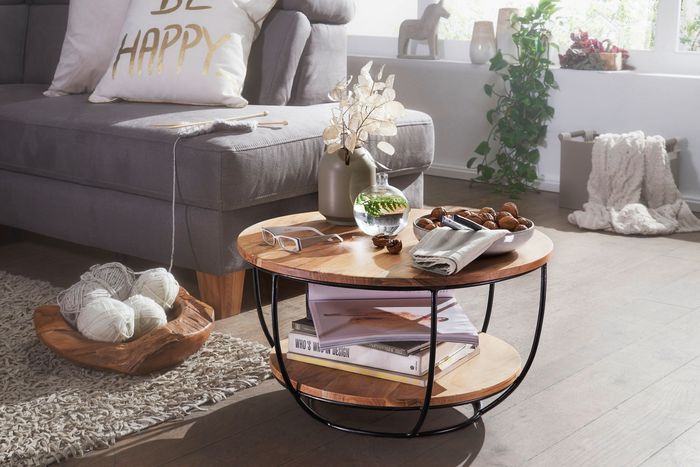 FineBuy Couchtisch 60x34,5x60 cm Akazie Massivholz / Metall Sofatisch, Design Wohnzimmertisch Rund, Stubentisch Industrial Braun, Tisch mit Ablage 4250950294608