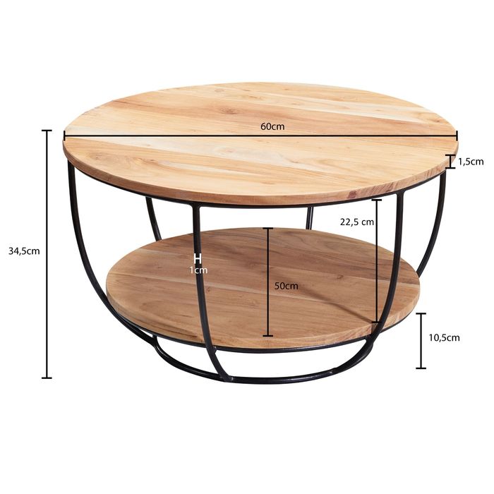 FineBuy Couchtisch Akazie Massivholz rund 60cm Wohnzimmertisch Ablage Industrial – Maßzeichnung