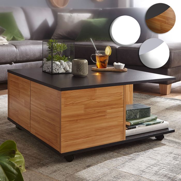 FineBuy Design Couchtisch 70x70 cm, Wohnzimmertisch mit 2 Schubladen, Sofatisch mit Rollen, Tisch mit 2 Fächern 21006