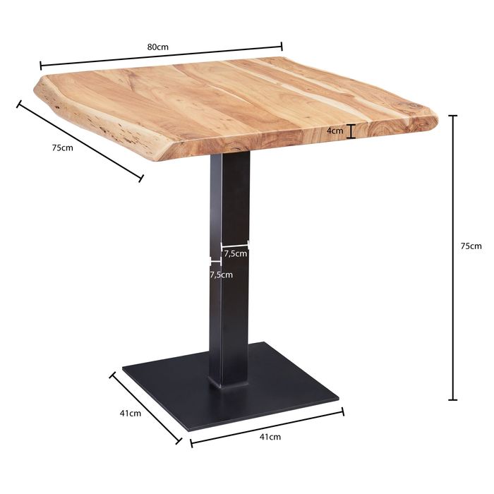 FineBuy Baumkante Esszimmertisch Akazie Massiv 80 x 75 cm Esstisch Küchentisch – Maßzeichnung