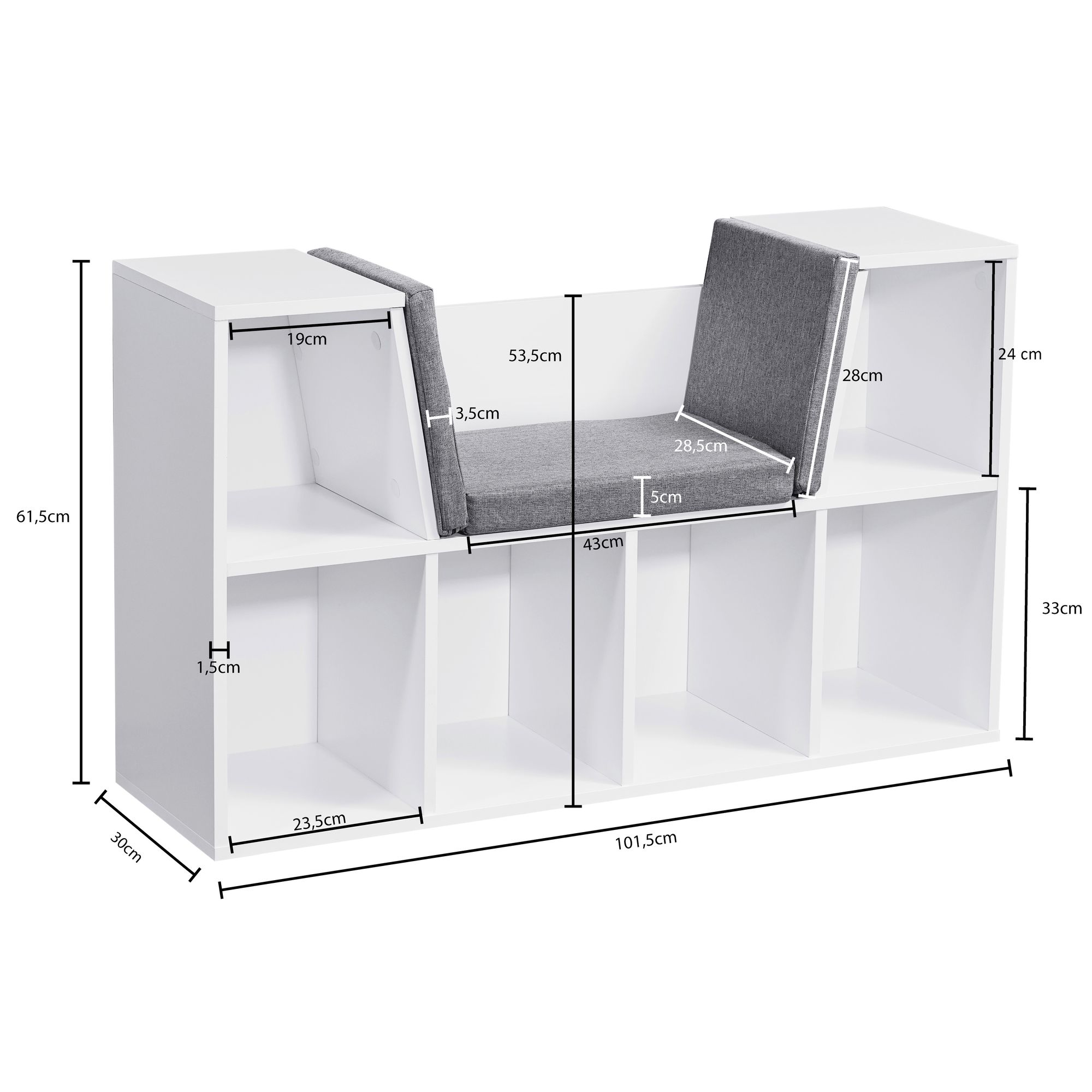 Sitzbank mit Stauraum Regal Weiß mit Sitzauflage in Grau Garderobe Standregal Garderobenbank – Ansicht 3