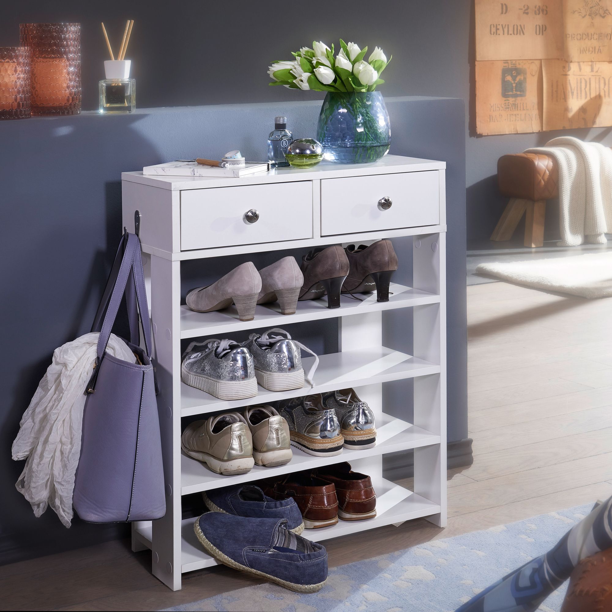 Schuhregal 60cm mit 2 Schubladen und 4 Fächer Standregal Weiß Regal Garderobe Flur – Ansicht 1