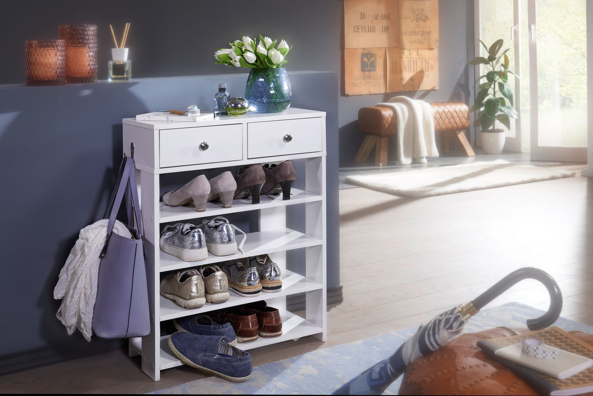 Schuhregal 60cm mit 2 Schubladen und 4 Fächer Standregal Weiß Regal Garderobe Flur – Ansicht 2