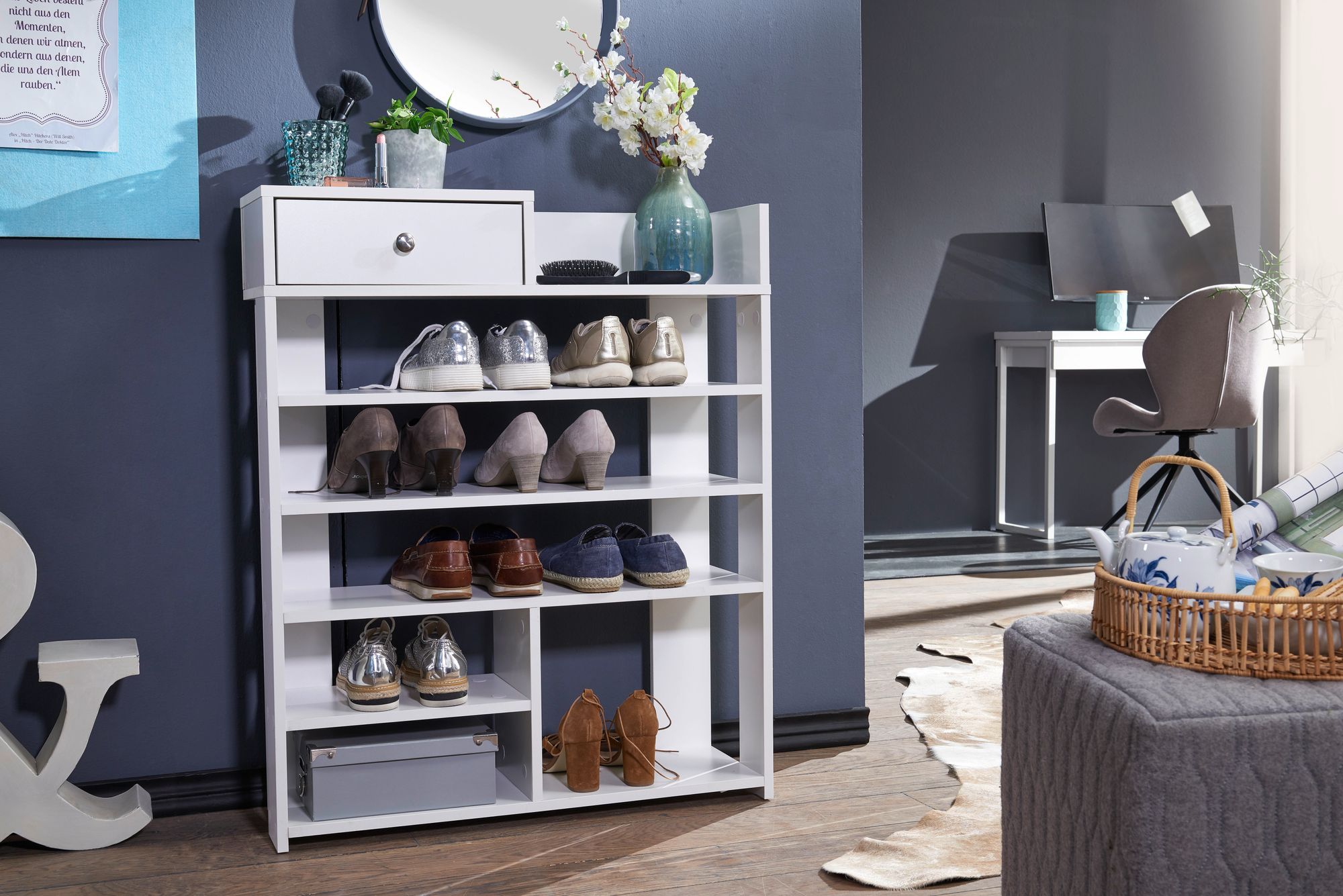 FineBuy Schuhregal Weiß 75x92,5 cm Flurregal Hoch Regal 7 Fächer mit Schublade – Ansicht 2