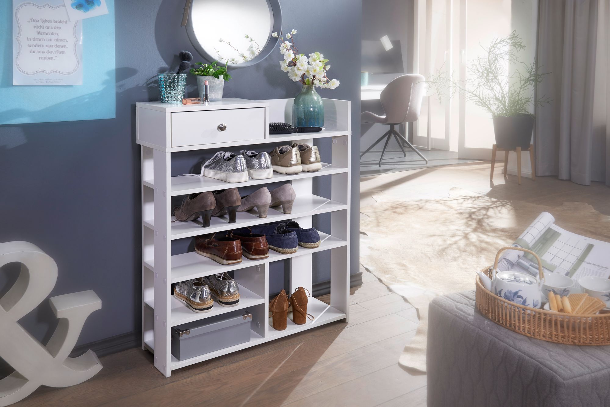 FineBuy Schuhregal Weiß 75x92,5 cm Flurregal Hoch Regal 7 Fächer mit Schublade – Ansicht 4