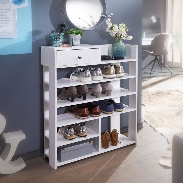 FineBuy Design Schuhregal 75 x 92,5 x 24 cm Flurregal Weiß, Hohes Standregal mit 7 Fächern, Regal mit Schublade 4250950294776