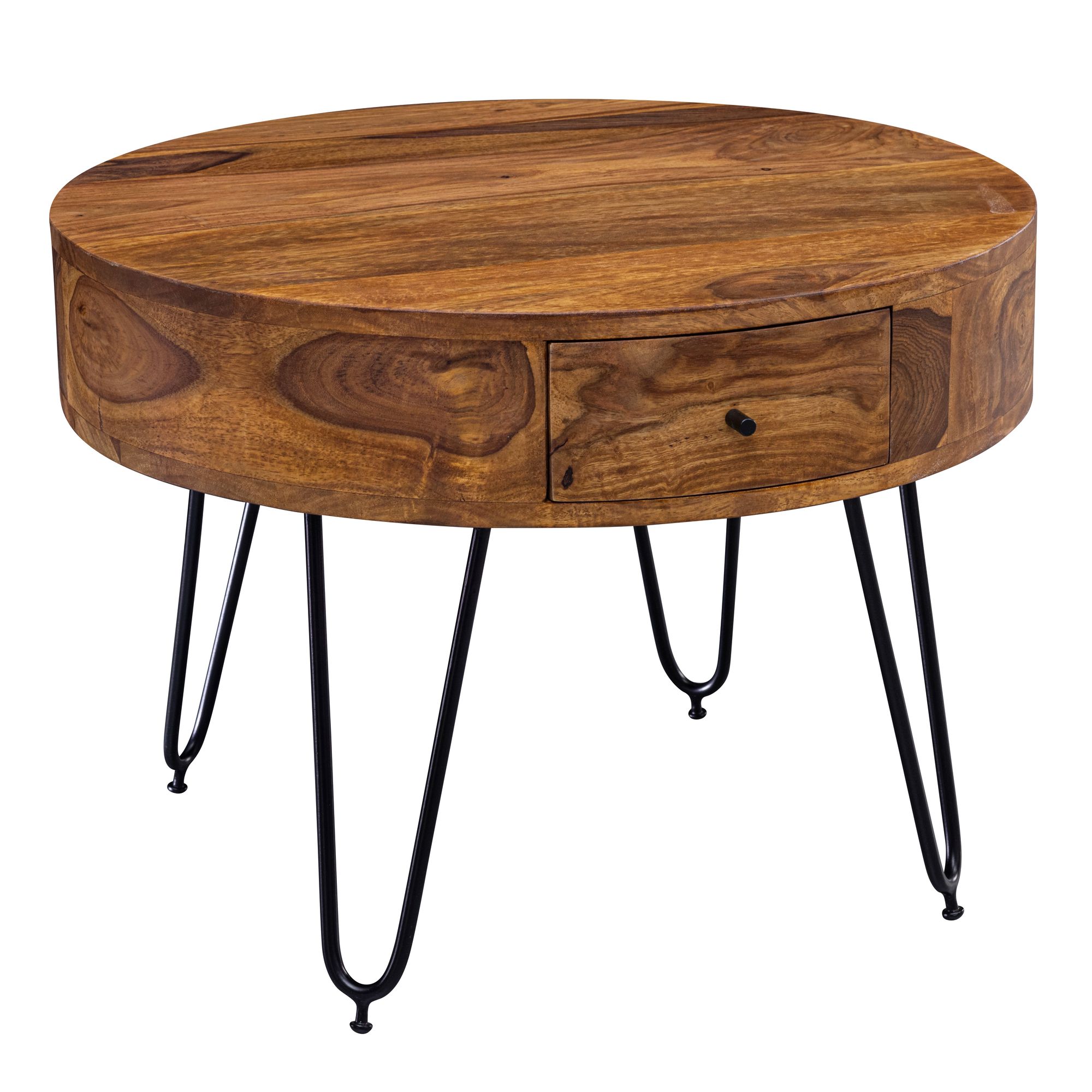 FineBuy Couchtisch Sheesham Massivholz rund Ø 60 cm – Wohnzimmertisch mit Schublade & schwarzen Hairpin Beinen | Retro Design Holztisch handgefertigt | Farbe: Braun