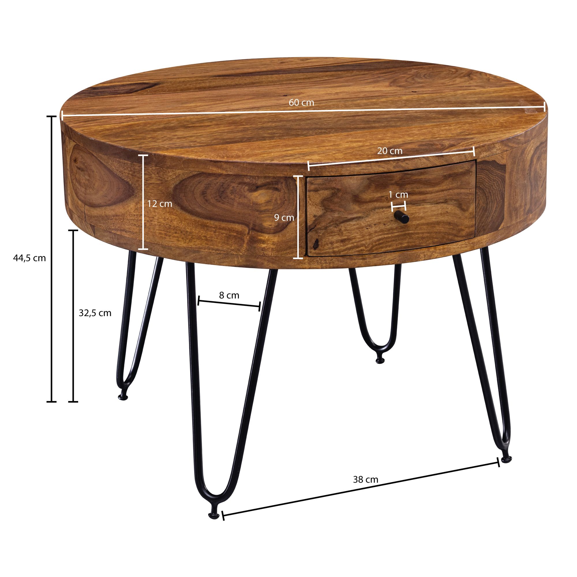 FineBuy Couchtisch Sheesham Massivholz rund Ø 60 cm – Wohnzimmertisch mit Schublade & schwarzen Hairpin Beinen | Retro Design Holztisch handgefertigt | Farbe: Braun