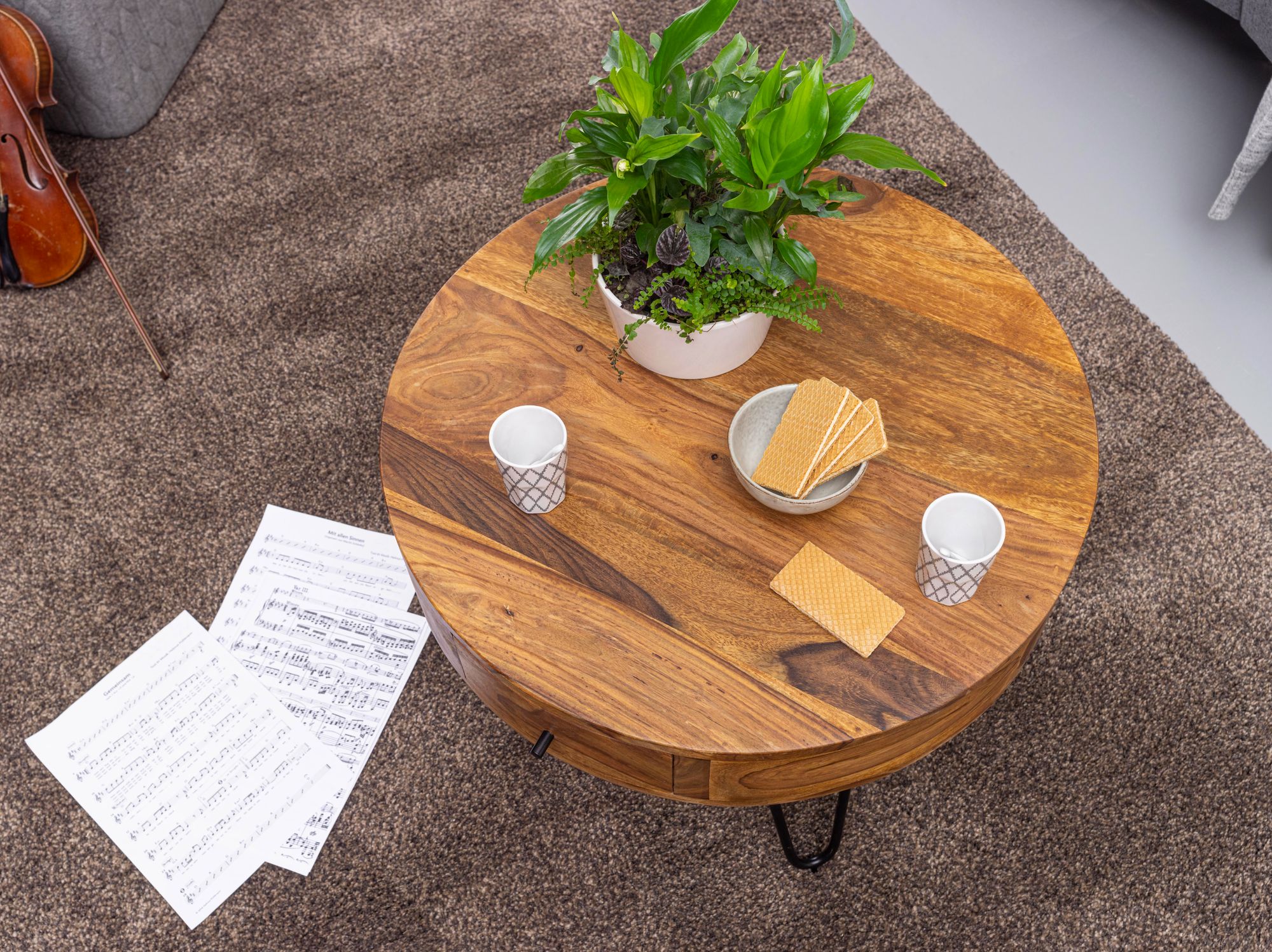 FineBuy Couchtisch Sheesham Massivholz rund Ø 60 cm – Wohnzimmertisch mit Schublade & schwarzen Hairpin Beinen | Retro Design Holztisch handgefertigt | Farbe: Braun
