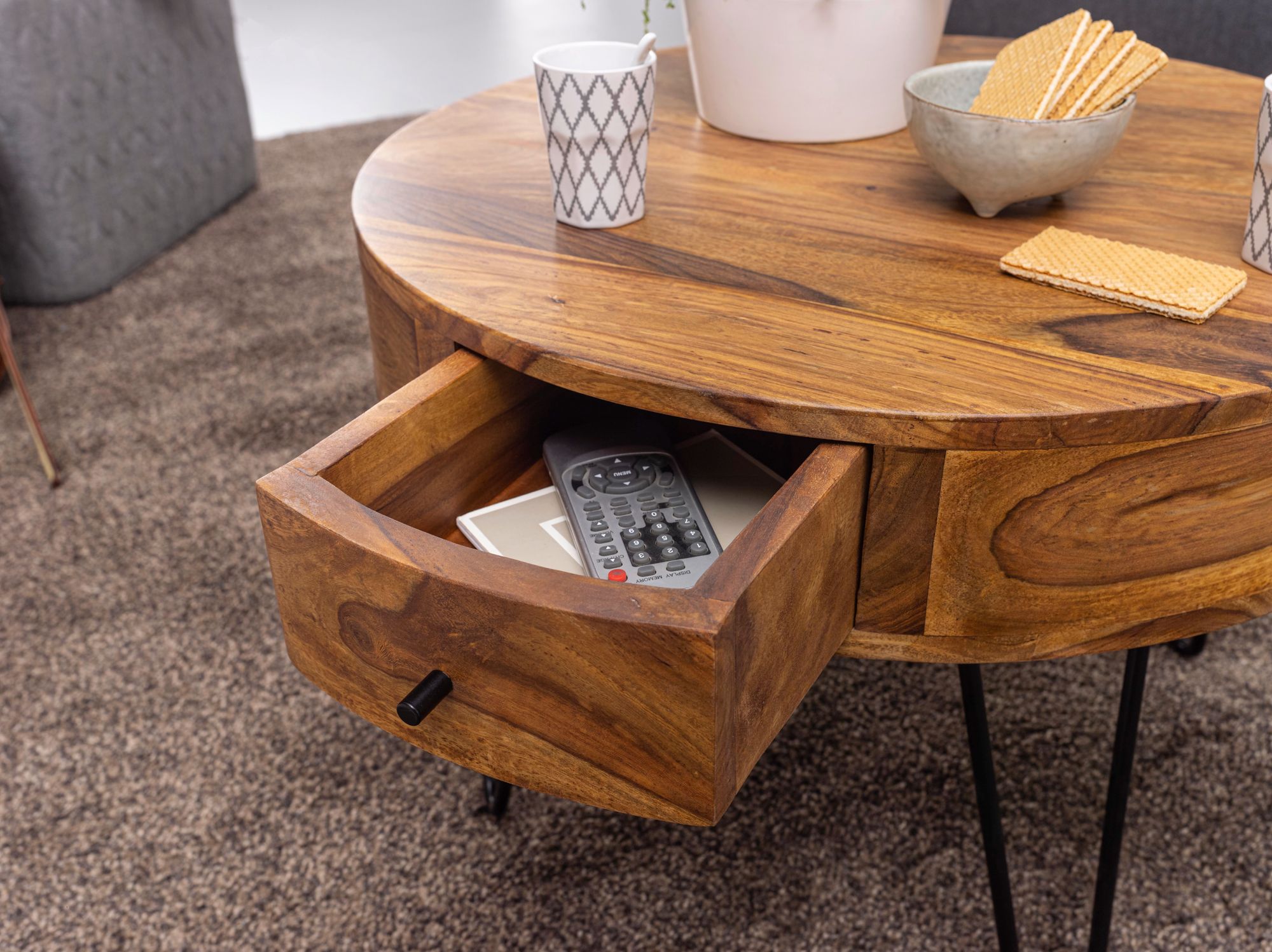 FineBuy Couchtisch Sheesham Massivholz rund Ø 60 cm – Wohnzimmertisch mit Schublade & schwarzen Hairpin Beinen | Retro Design Holztisch handgefertigt | Farbe: Braun