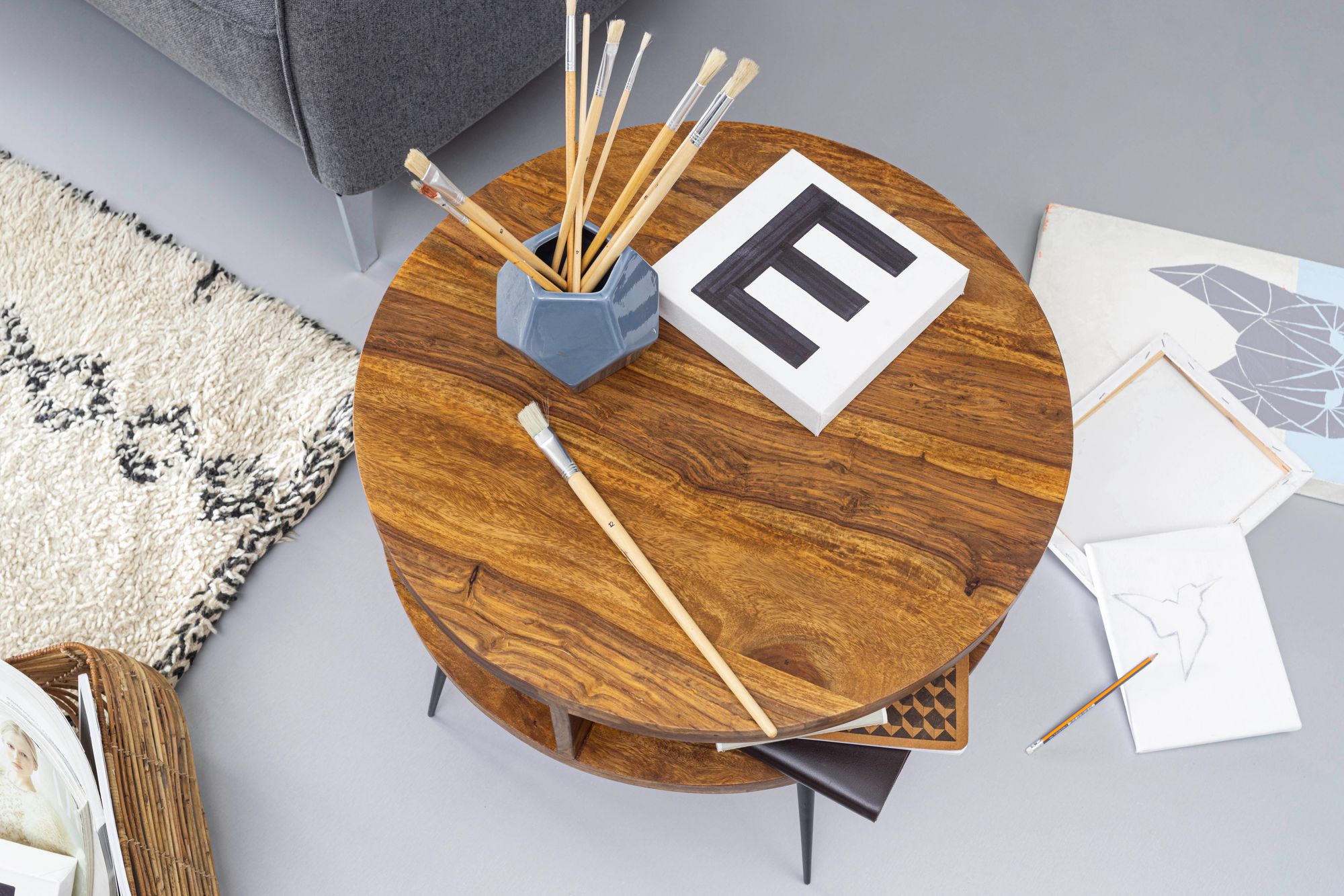 FineBuy Couchtisch Sheesham Massivholz rund Ø 60 cm Wohnzimmertisch Ablage – Ansicht 4