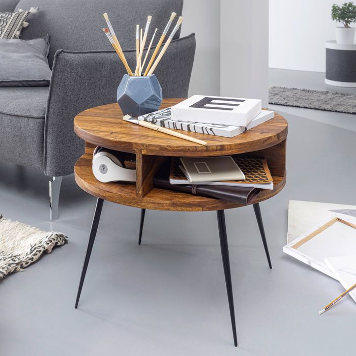 FineBuy Couchtisch Sheesham Massivholz rund Ø 60 cm Wohnzimmertisch Ablage