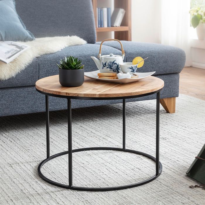 FineBuy Couchtisch 60x43x60 cm Akazie Massivholz / Metall Sofatisch, Design Wohnzimmertisch Rund, Kaffeetisch Massiv, Kleiner Tisch Wohnzimmer 4250950295056