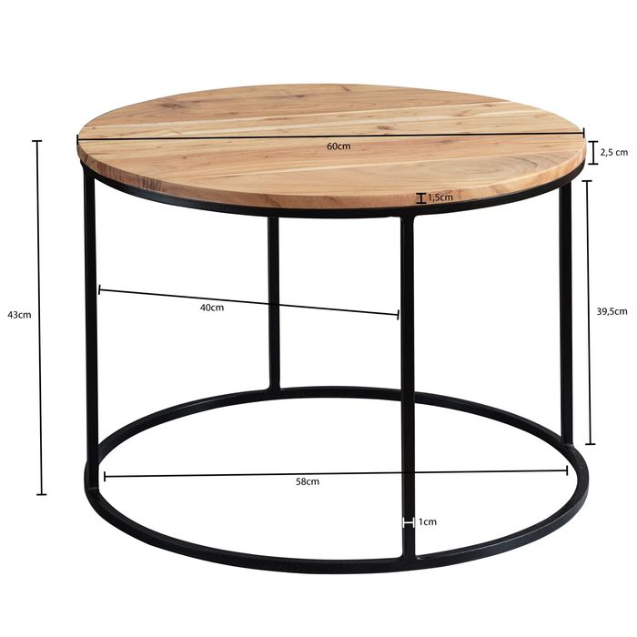FineBuy Couchtisch Akazie Massivholz rund 60cm Wohnzimmertisch Handgefertigt – Maßzeichnung