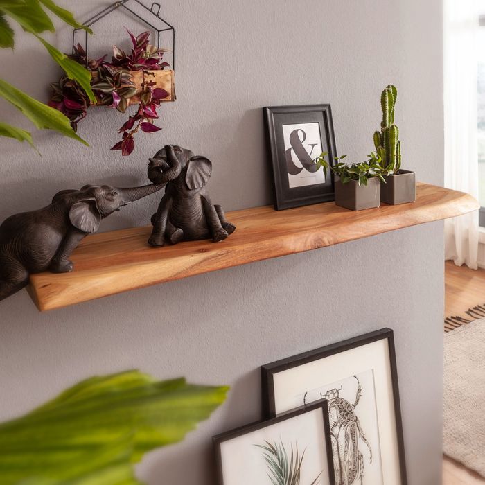 FineBuy Wandregal mit Baumkante Akazie Massivholz, Design Schweberegal Wandboard Massiv, Regal Holz Natur, Landhausstil Hängeregal 21523