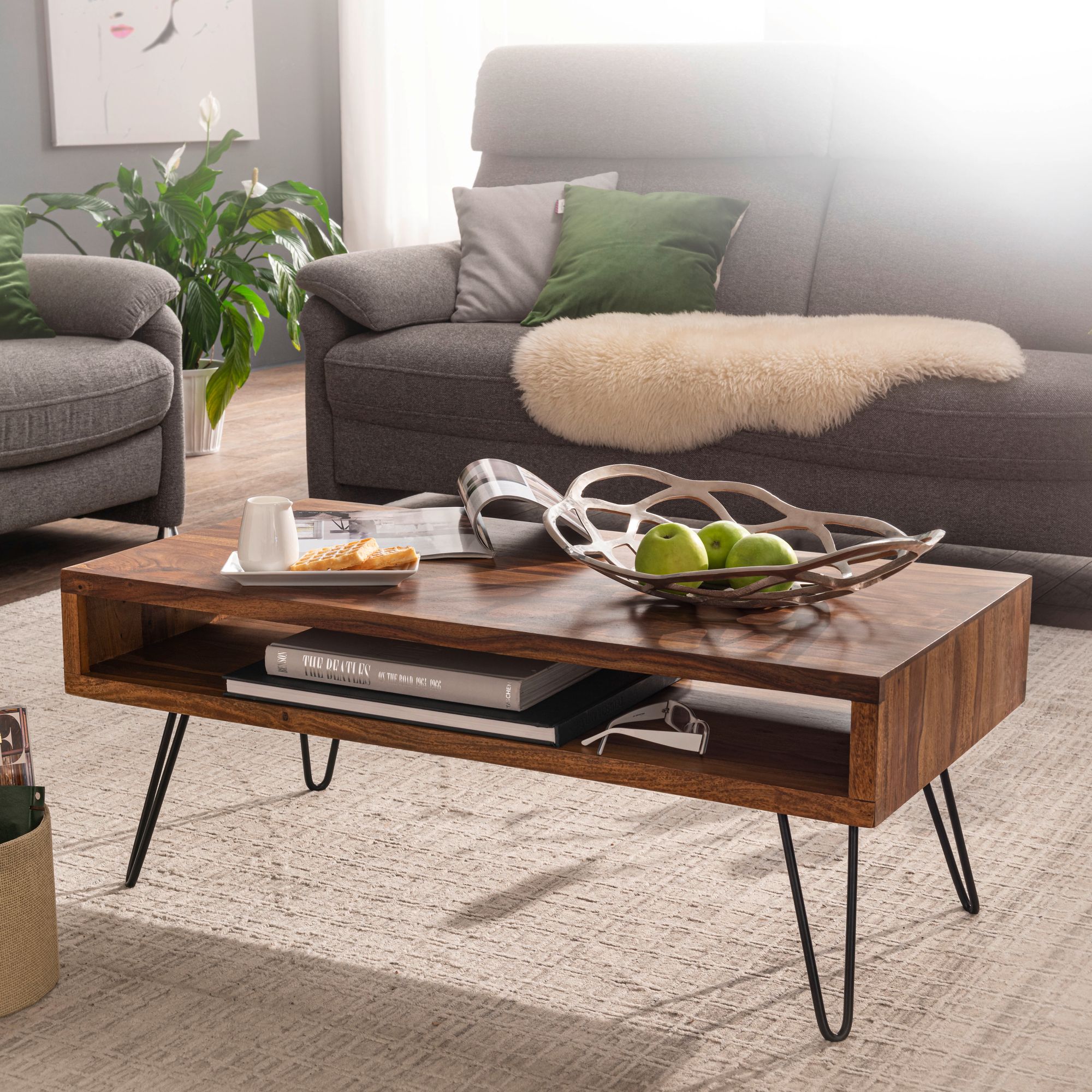 FineBuy Couchtisch Sheesham Massivholz 100 cm – Wohnzimmertisch rechteckig mit Ablage im Industrial Design | Handgefertigter Holztisch auf schwarzen Hairpin Metallbeinen