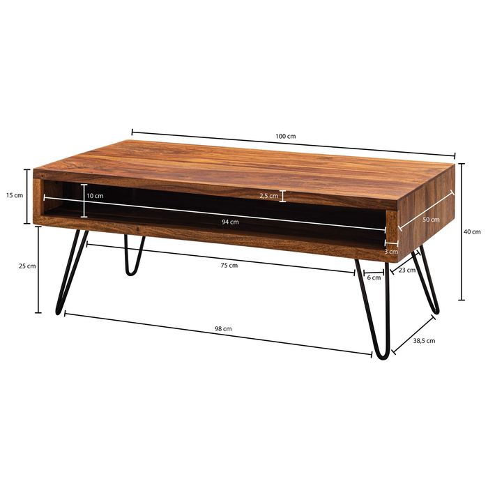 FineBuy Couchtisch Massivholz 100x40x50 cm Wohnzimmertisch Sofatisch Tisch – Maßzeichnung