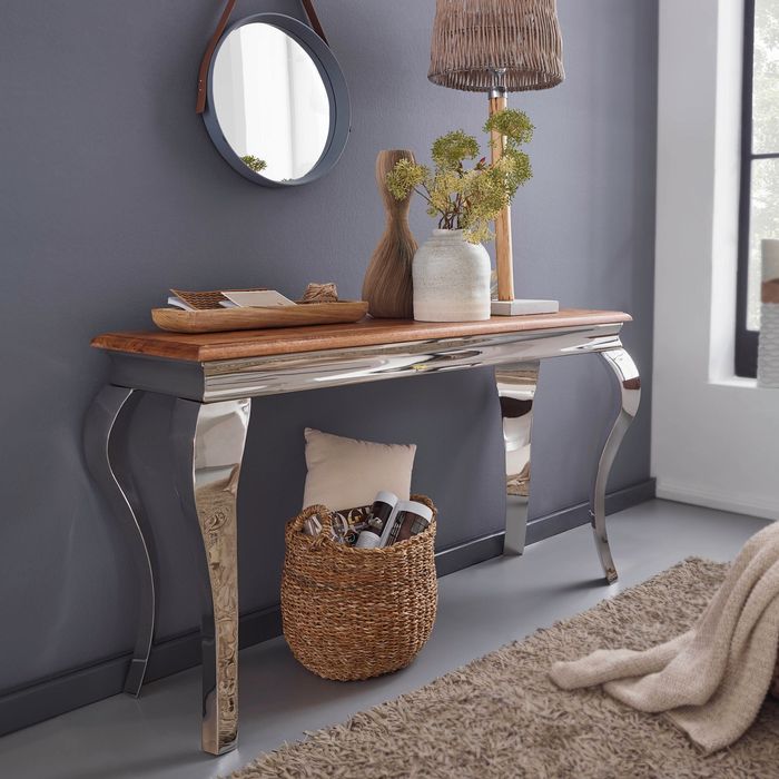 FineBuy Konsolentisch Sheesham Massivholz / Metall 130x76,5x42 cm Flurtisch, Design Wohnzimmertisch Schmal, Anrichte Schreibtisch Modern 4250950295179