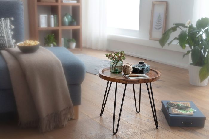 FineBuy Design Couchtisch Sheesham Massivholz 45x40x45 cm Wohnzimmertisch Rund, Sofatisch mit Haarnadelbeine, Kaffeetisch aus Holz und Metall 4250950295193