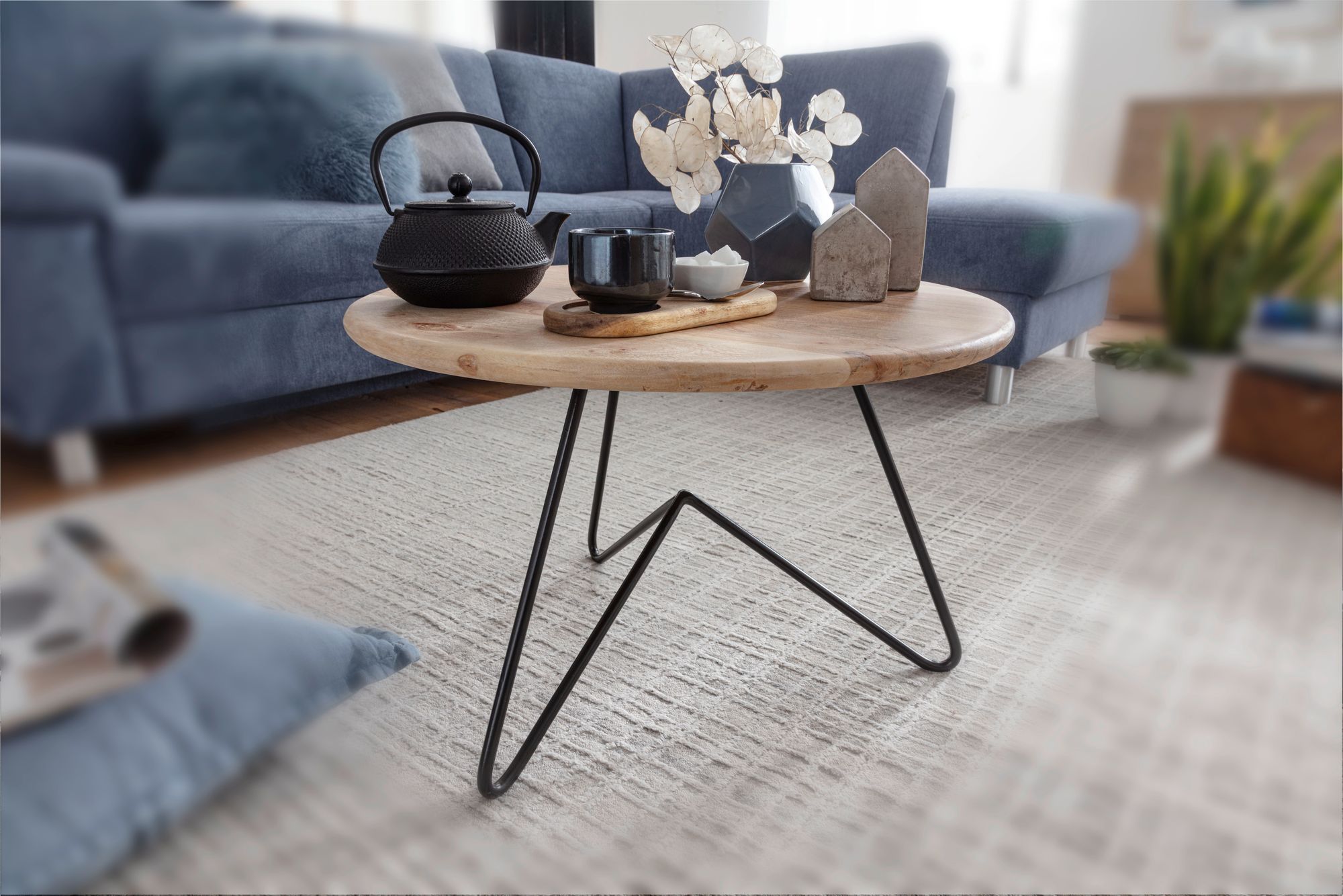 FineBuy Couchtisch Akazie Massivholz rund 60cm Wohnzimmertisch Metallgestell – Ansicht 2