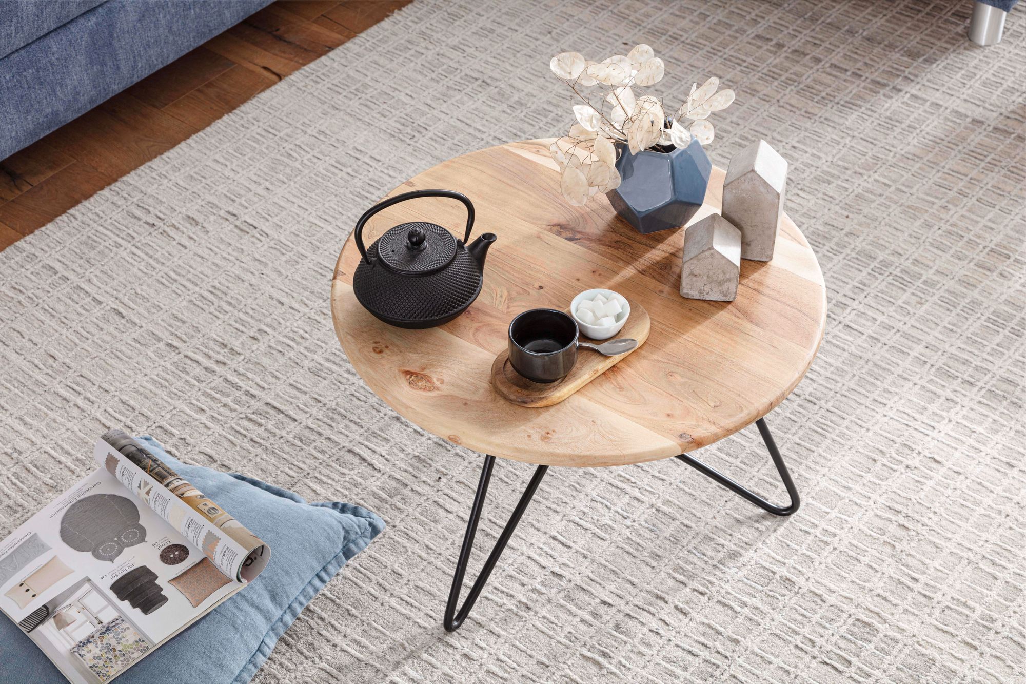 FineBuy Couchtisch Akazie Massivholz rund 60cm Wohnzimmertisch Metallgestell – Ansicht 4