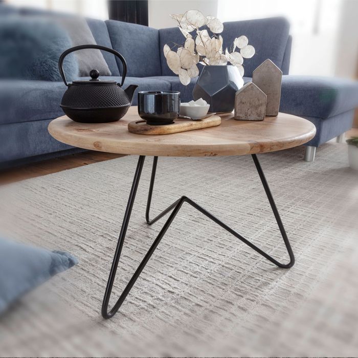 FineBuy Couchtisch 60x39,5x60 cm Akazie Massivholz / Metall Sofatisch, Design Wohnzimmertisch Rund, Kaffeetisch Massiv, Kleiner Tisch Wohnzimmer 4250950295247