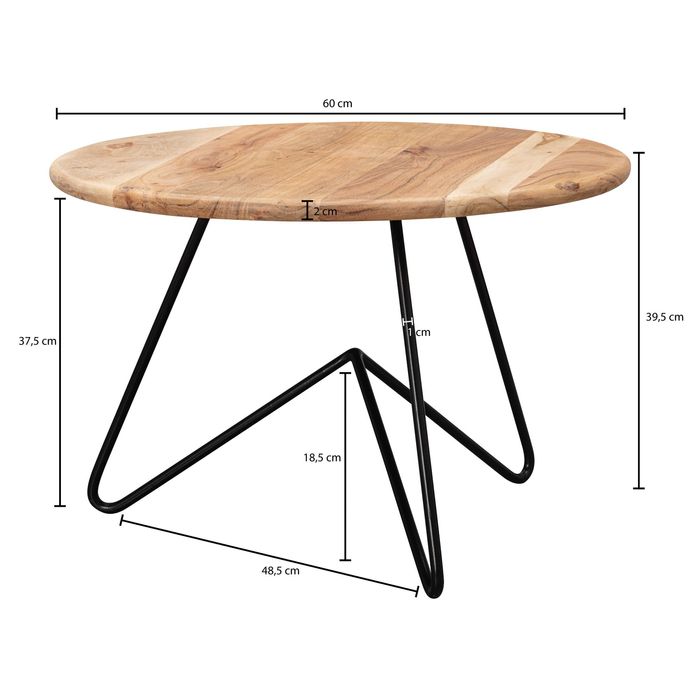 FineBuy Couchtisch Akazie Massivholz rund 60cm Wohnzimmertisch Metallgestell – Maßzeichnung